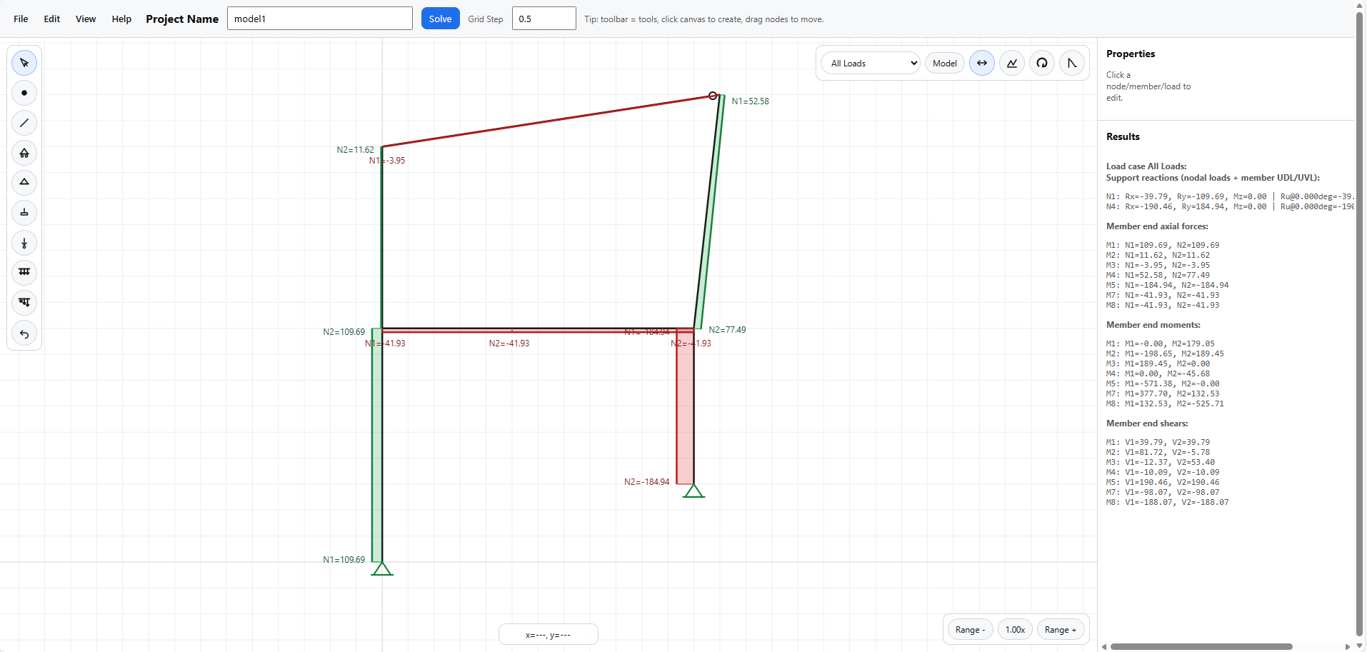 Solved NextForm 2D Frame model with reactions, force labels, and results panel.